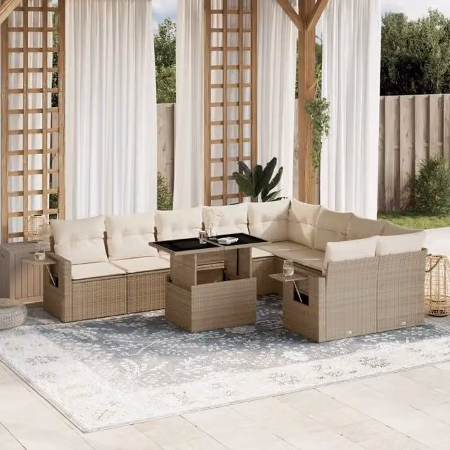 Set Divano da Giardino Moderno vidaXL in Polyrattan e Metallo con Cuscini Beige e Tavolino, 10 Pezzi – 1