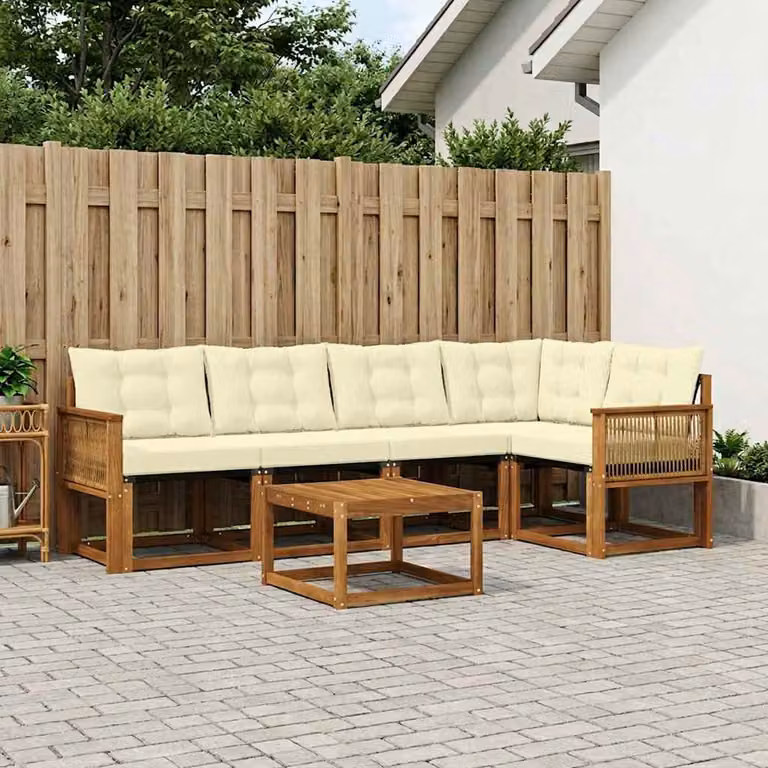 Set di divani da esterno vidaXL a forma di L composto da 6 pezzi con tavolino, in legno di acacia trattato e tessuto textilene, colore marrone e beige