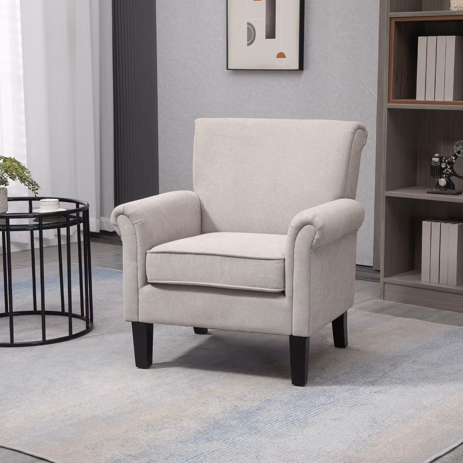 Poltroncina da salotto HOMCOM in tessuto grigio con gambe in legno e braccioli in stile nordico – 2