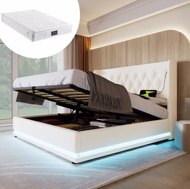 Letto matrimoniale 140x200 cm in PU bianco con contenitore; LED 3 lati e USB Type-C