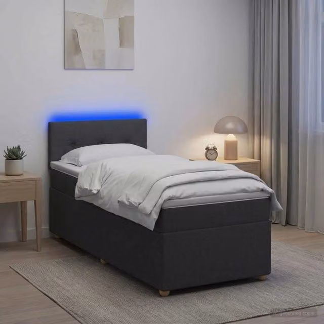 Letto box spring ibrido vidaXL con materasso a molle insacchettate e base contenitore, con illuminazione sottostante e porta USB, Grigio, L/P: 100 x 200 cm