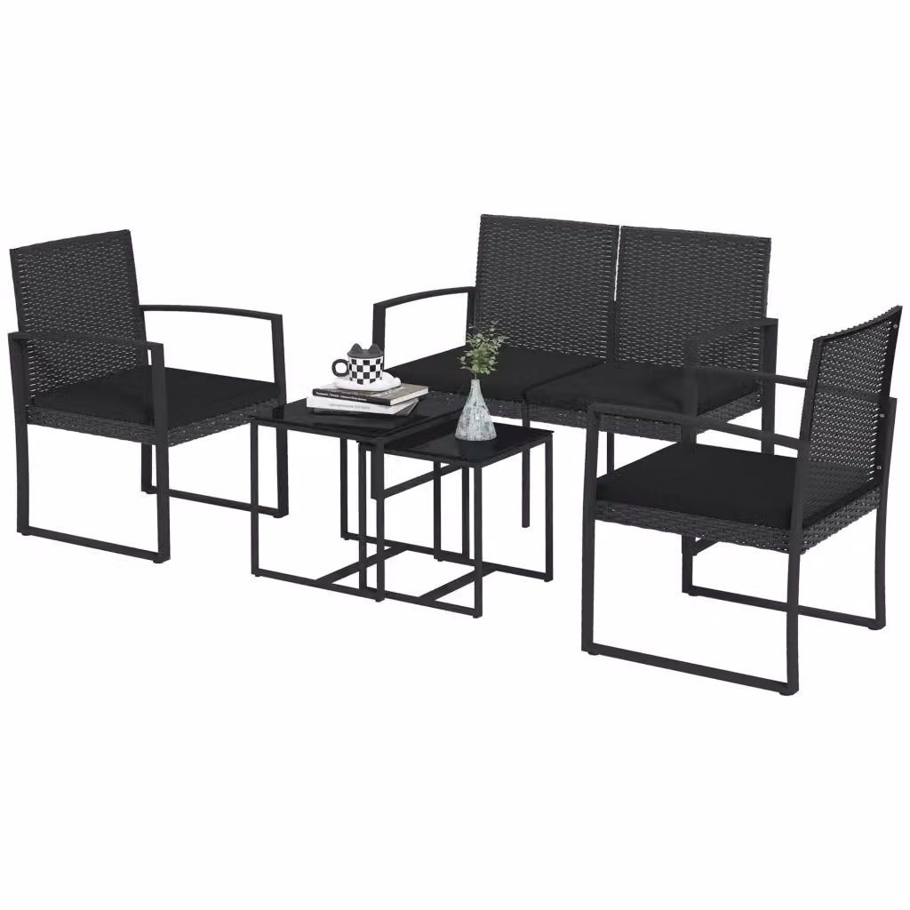 Set divani da giardino Outsunny in polyrattan nero con 1 divano doppio, 2 divani singoli e 2 tavolini – 2