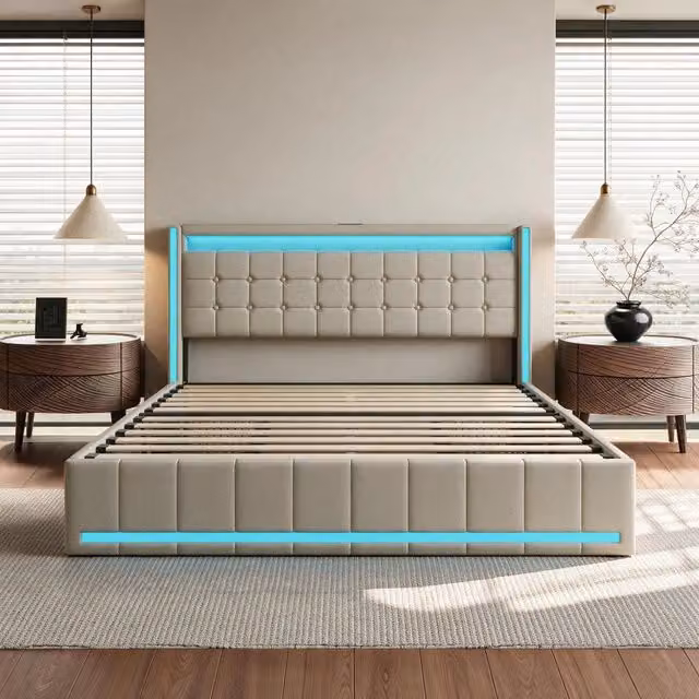 Letto Matrimoniale 140 x 190 cm;Letto Contenitore con 4 cassetti;LED; Testiera imbottita con USB;Lino;Beige