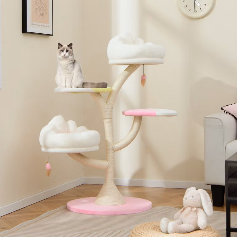Albero per gatti Costway Rosa con 2 piattaforme, palline pendenti e tiragraffi in sisal