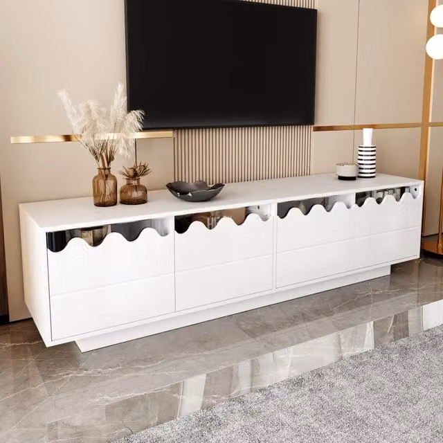 Mobile porta TV OKWISH moderno con 4 ante in vetro temperato ondulato e finitura bianca per il tuo soggiorno, L 170 cm x P 40 cm x H 45 cm