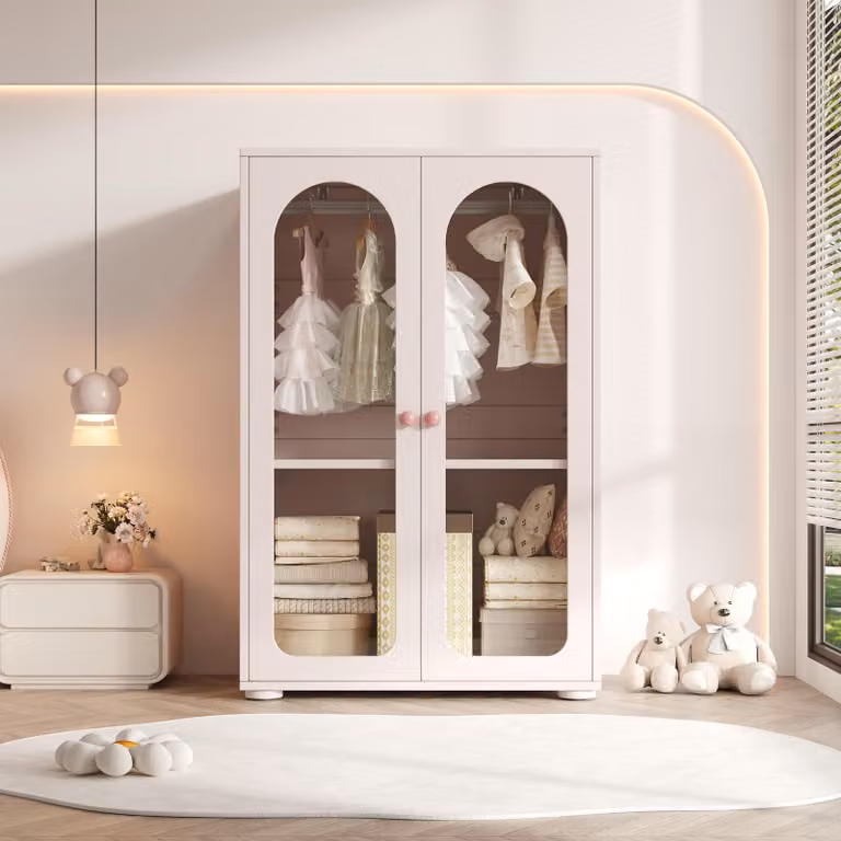 MODFU Armadio per camera da letto Armadio per bambini con asta appendiabiti e maniglie in Vetroceramica Armadio a 2 ante con ante trasparenti in acrilico Rosa bebè