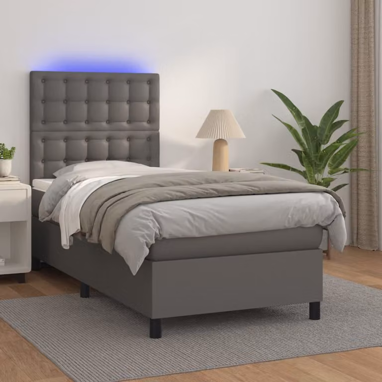 vidaXL Giroletto con Molle, Materasso Ibrido e LED Grigio in Similpelle, L/P: 100 x 200 cm
