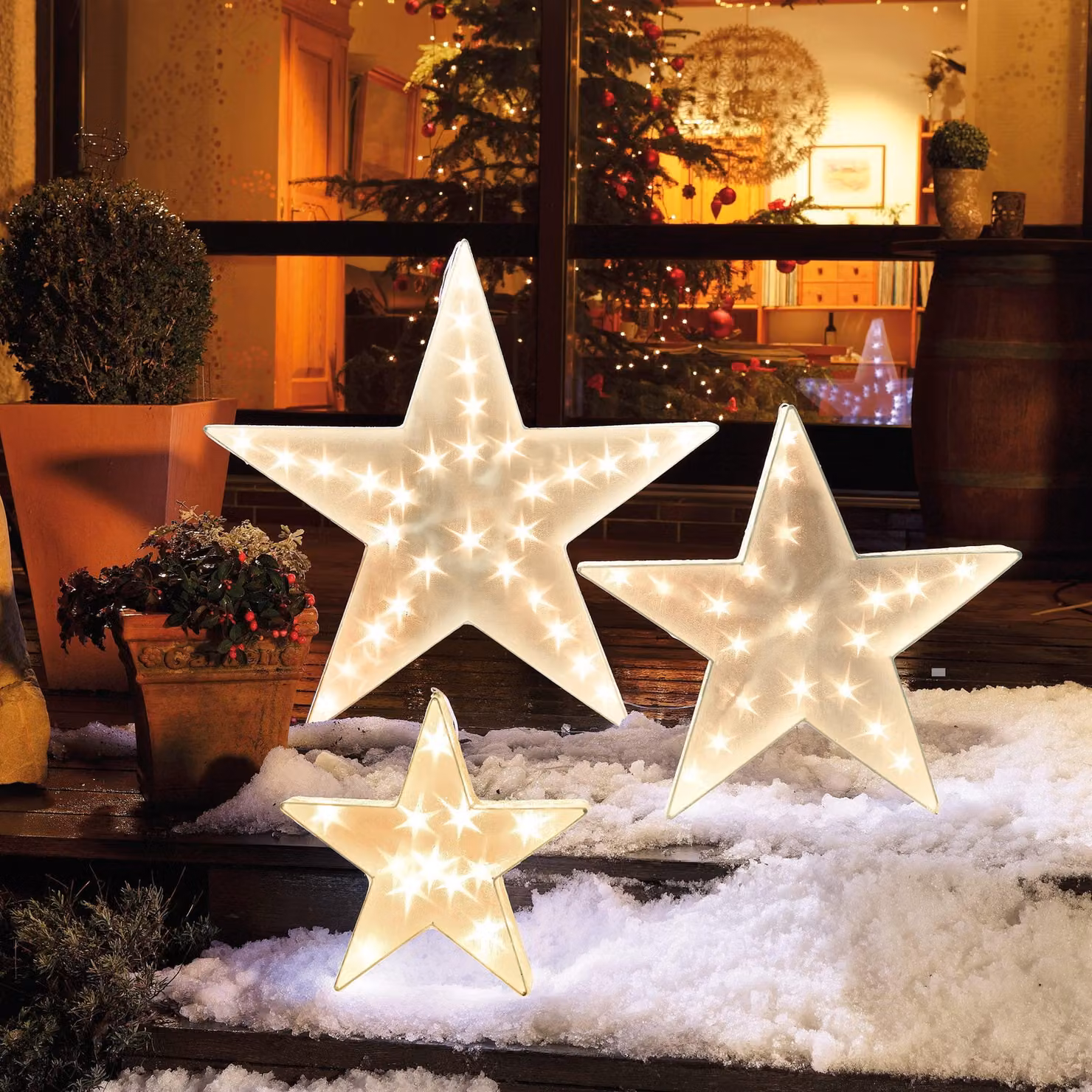 Stella olografica a LED, luce bianco caldo, 24 LED, diametro 55x10 cm, decorazione natalizia