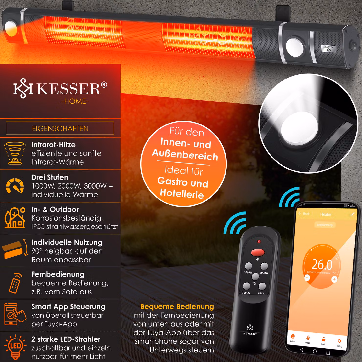 KESSER® Riscaldatore radiante a infrarossi 3000W con WLAN, telecomando e illuminazione LED