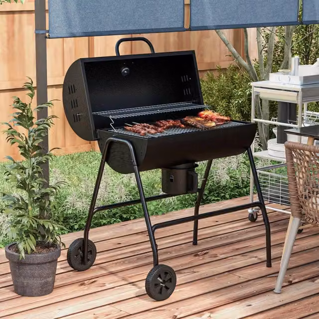 Barbecue a carbone WISHDOR in metallo nero con coperchio, termometro, griglia riscaldante e ruote, L: 95 cm, P: 71,5 cm, H: 102 cm – 1