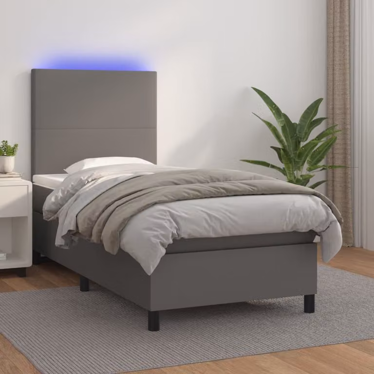vidaXL Giroletto con Materasso Ibrido e Illuminazione LED in Similpelle Grigia, L/P: 90 x 200 cm