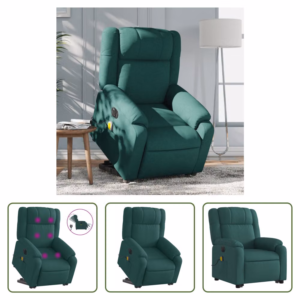 The Living Store Poltrona massaggiante elettrica con ausilio per la posizione eretta Tessuto verde scuro