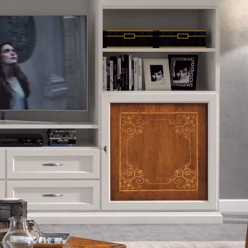 Parete attrezzata classica Mobili 2G in legno bianco e noce con vetro L: 300 cm, P: 46 cm, H: 240 cm – 1