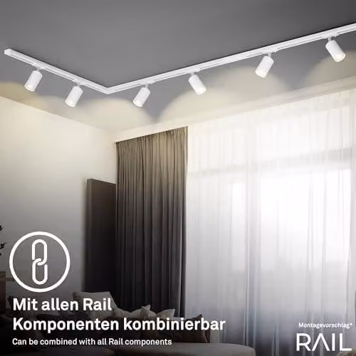 - Kit completo di sistema a binario, 6 faretti orientabili GU10, forma a U/Z, sistema di binari a soffitto, faretti a binario, lampada da soffitto, plafoniera, proiettore, 4,5 metri, bianco
