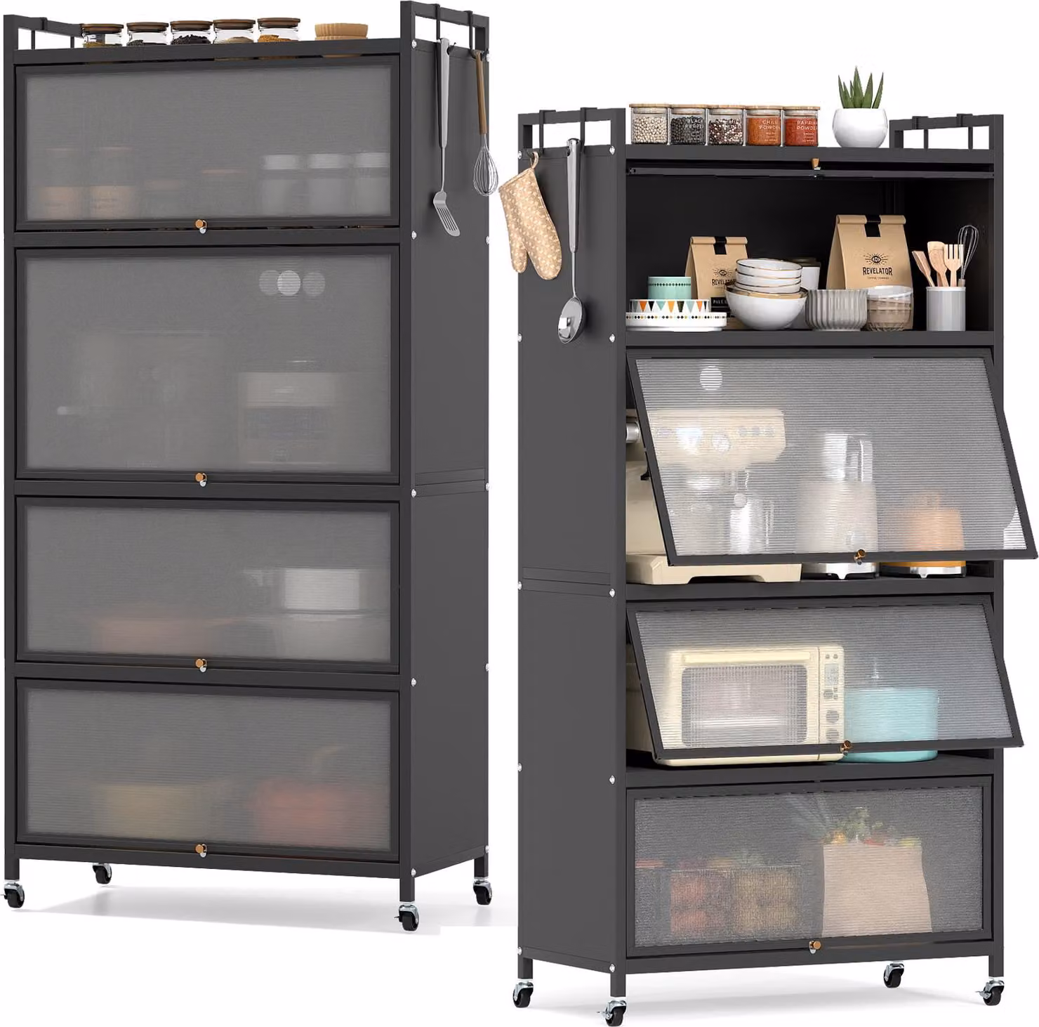 KOMFOTTEU Mobiletto da cucina con rotelle, mobile buffet con piedini intercambiabili, mobile alto con sportello di visualizzazione e protezione antiribaltamento, mobile multiuso per soggiorno, sala da pranzo (nero)