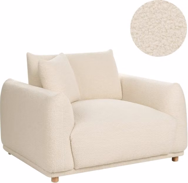 Poltrona in bouclè bianco sporco con gambe in legno morbido, da salotto con braccioli, stile moderno