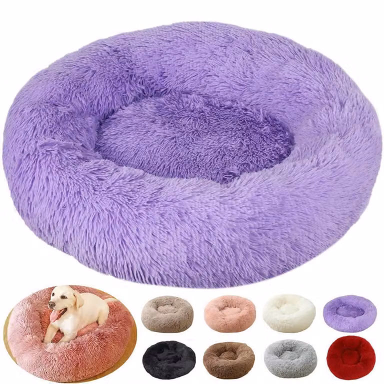 Cuccia per cani a forma di ciambella, rotonda, 70 cm di diametro, color lilla, in peluche, lavabile, antistress
