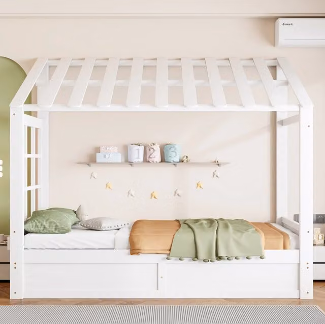Letto per bambini 90x200 cm con contenitore idraulico e vani laterali; bianco