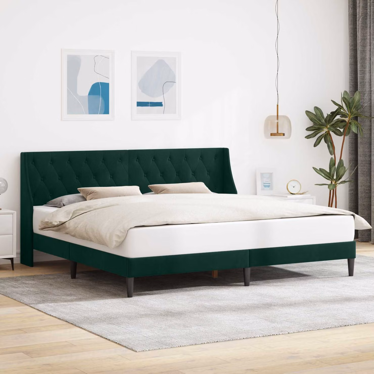Struttura del letto moderna vidaXL in velluto verde con legno, L/P/H: 200 x 200 x 140 cm