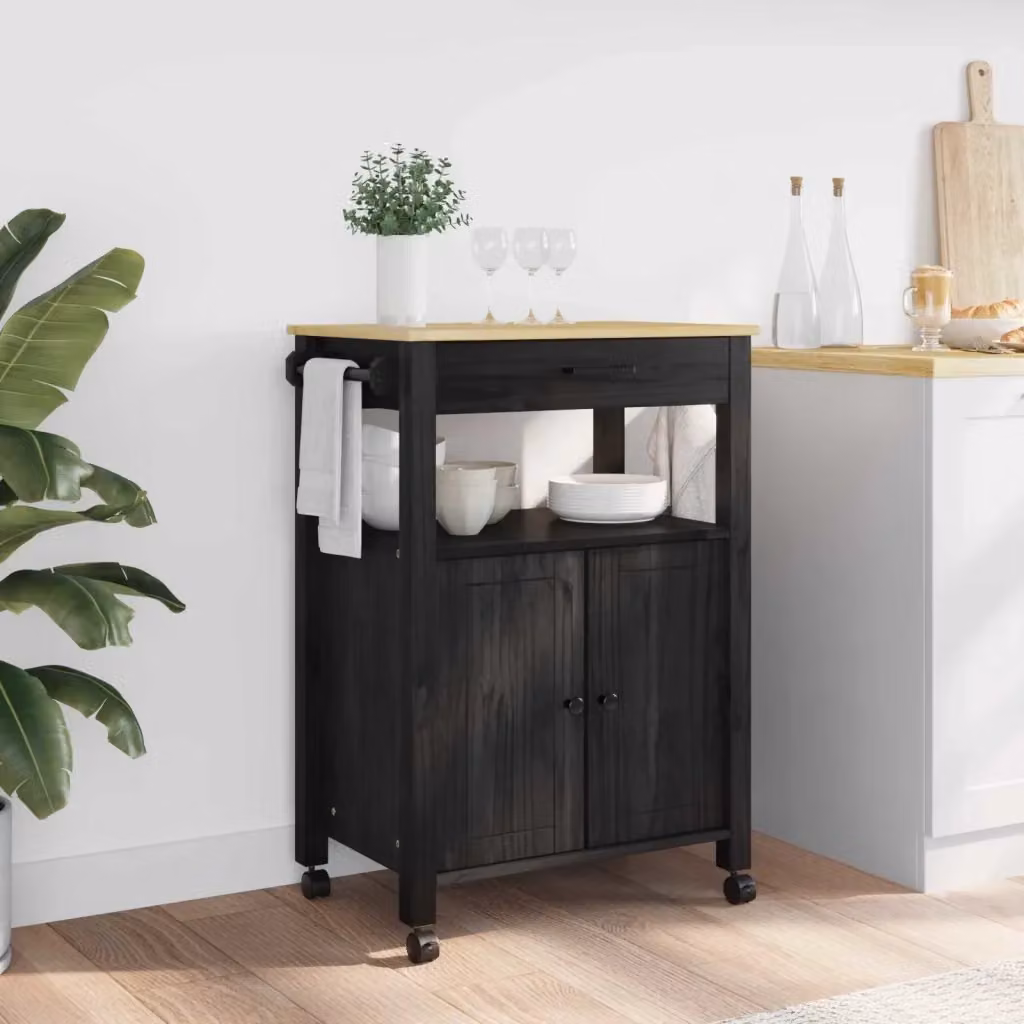Carrello da cucina moderno MONZA nero con ripiani in legno di pino e ruote L 60 cm, P 40 cm, H 88,5 cm – 2