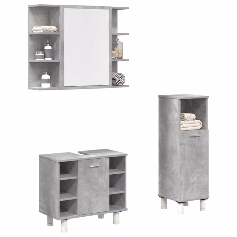 vidaXL Set Mobili da Bagno 3 pz Grigio Cemento in Legno e Vetro con Mobile Lavabo, Pensile e Armadietto con Specchio