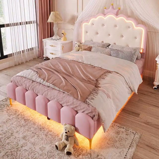 Letto imbottito 140x200 cm - Xylo - Luce ambientale telecomando forma principessa PU rosa