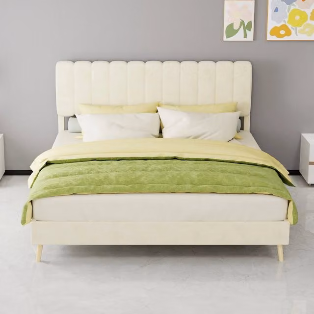 Letto adulto moderno in tessuto e metallo con testiera imbottita, beige, L 160 x P 200 cm
