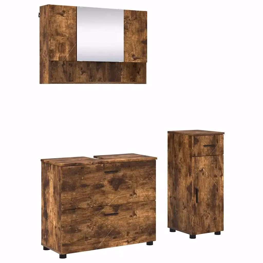 Set di mobili per il bagno moderno vidaXL in 3 pezzi color rovere fumé con mobile lavabo, pensile specchio e mobiletto laterale – 2