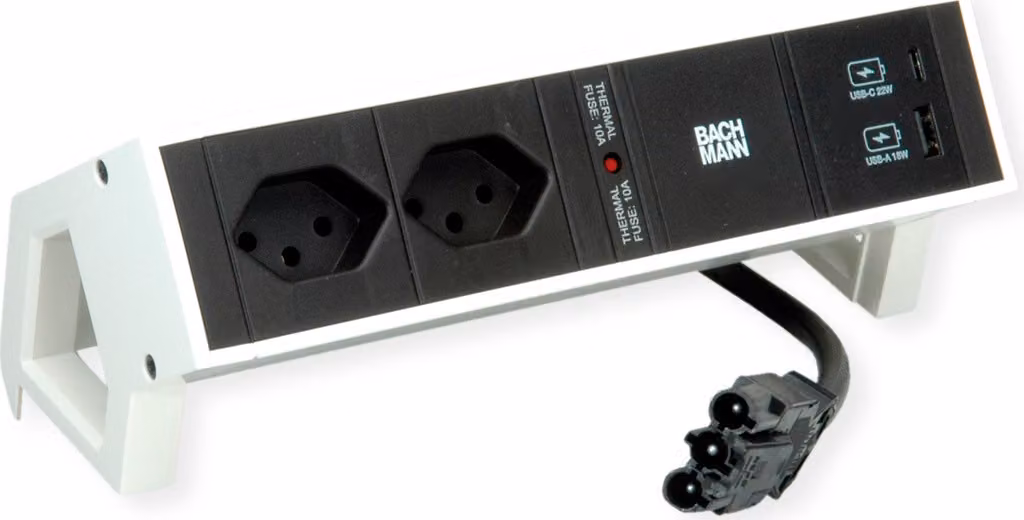 BACHMANN DESK2 2xCH 1xUSB A/C 22W, 0,2m GST18 RAL9010 Svizzera