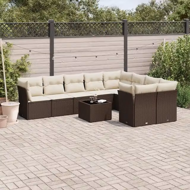 Set Divani da Giardino 10pz con Cuscini in Polyrattan Marrone 3218183