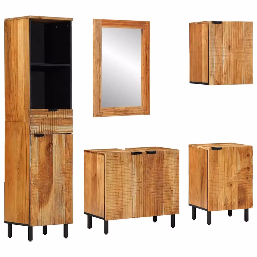 Set di 5 mobili da bagno vidaXL in legno di acacia marrone, comprensivo di mobile sottolavabo e colonne, L/P/H: 38 x 33 x 160 cm