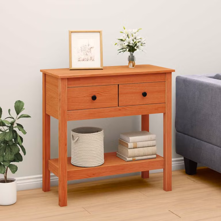 vidaXL Tavolo consolle moderno in legno di pino marrone cerato L/P/H: 75 x 35 x 75 cm