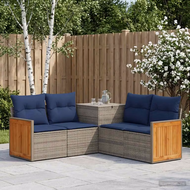 Set di divani da giardino vidaXL a forma di L con 5 pezzi in rattan sintetico e acciaio, colori Grigio e Blu Navy