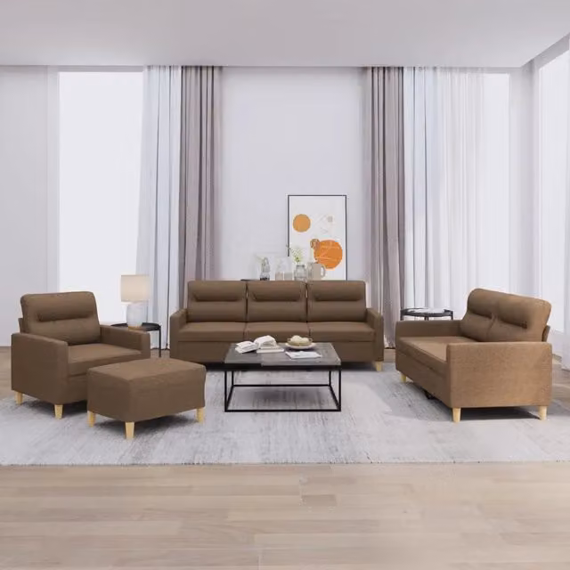 Set di divani moderno vidaXL composto da divano a 3 posti, divano a 2 posti e pouf con cuscini in tessuto marrone – 1