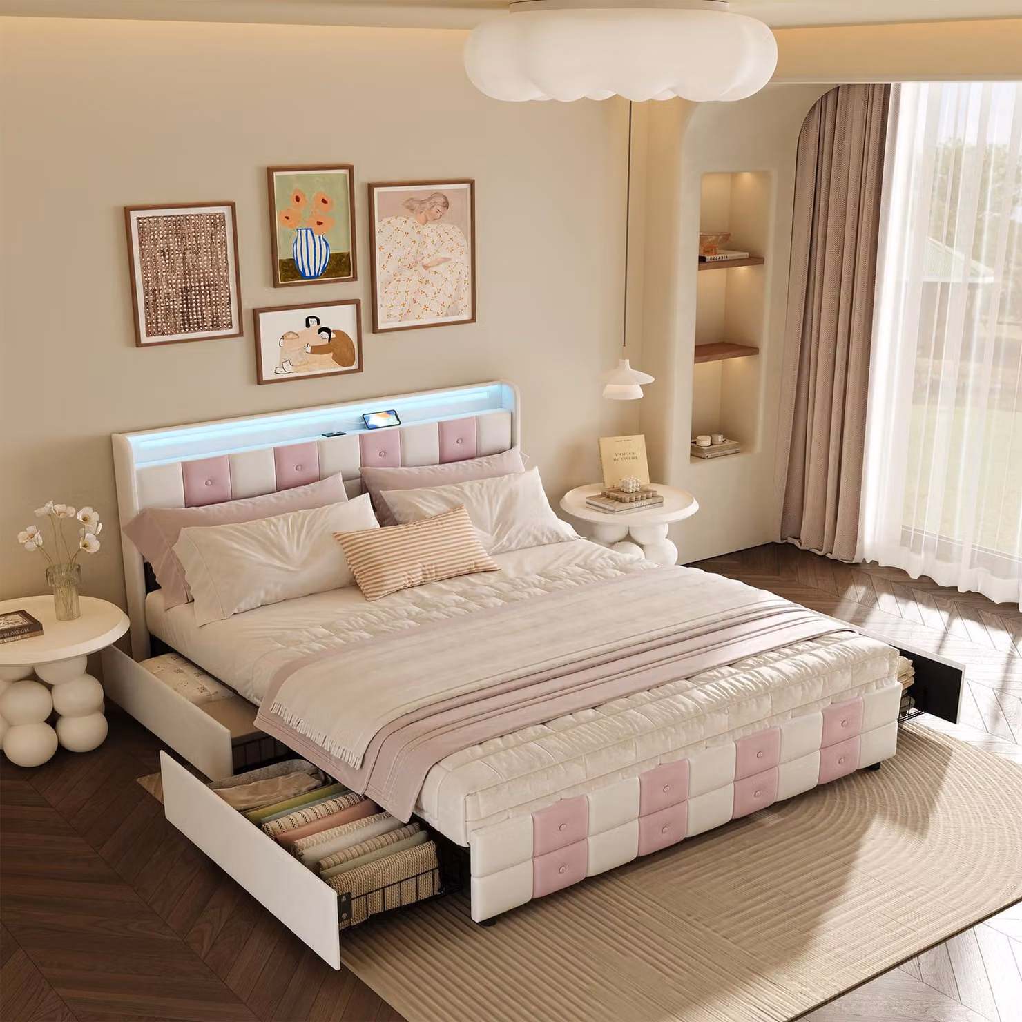 UnboxG Letto imbottito 140×200 cm con 4 cassetti - Velluto  testata a LED con 7 colori, porta di ricarica USB, ampio spazio di archiviazione, robusta struttura in metallo - Letto matrimoniale moderno