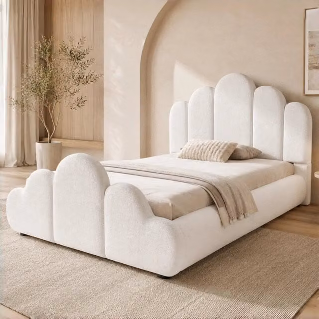 Letto per bambini singolo 90 × 200 cm con testiera imbottita, angoli arrotondati, senza materasso, bouclé beige