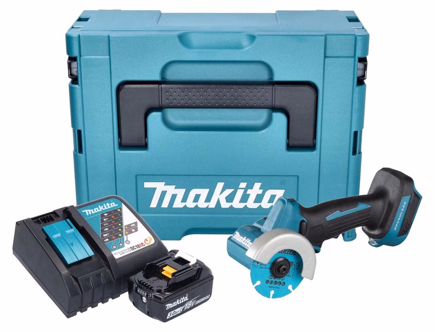 Smerigliatrice angolare a batteria Makita DMC 300 RF1J 18 V 76 mm brushless + 1x batteria ricaricabile 3,0 Ah + caricabatterie + Makpac