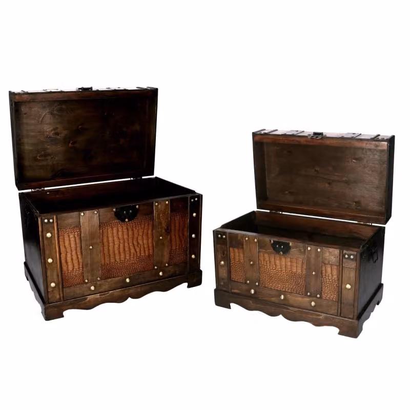 Set di baule Vacchetti in legno ed ecopelle marrone, forma rettangolare, L: 49 cm, P: 31 cm, H: 35,5 cm – 2