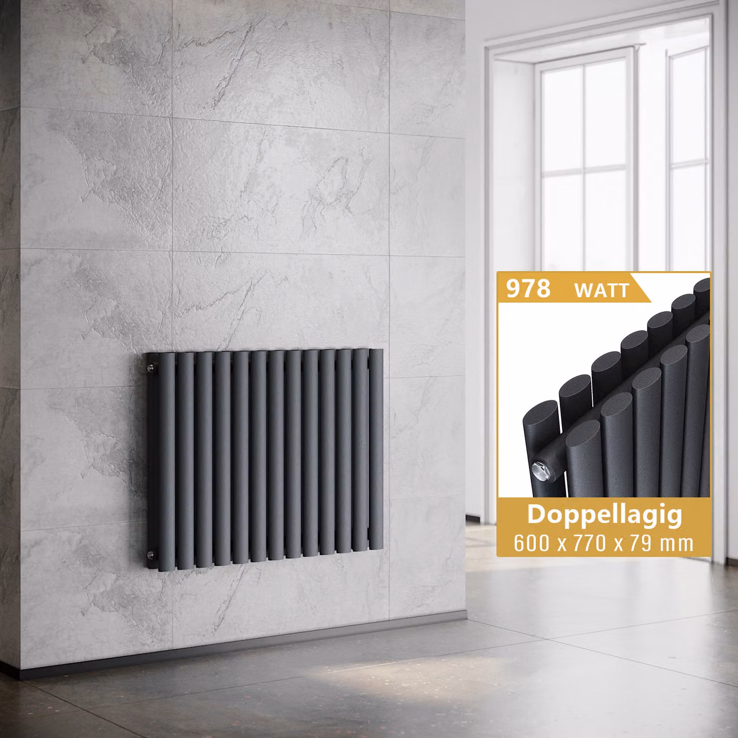 SONNI - Radiatore a tubi orizzontali, a due strati, colore antracite, dimensioni 600x770 mm, senza resistenza riscaldante
