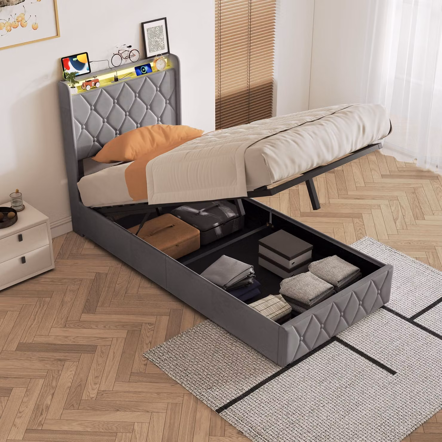 Letto contenitore ProximaX, dimensioni 90x200 cm, rivestito in velluto, con illuminazione RGB a LED, porta USB-C e sistema di sollevamento a gas