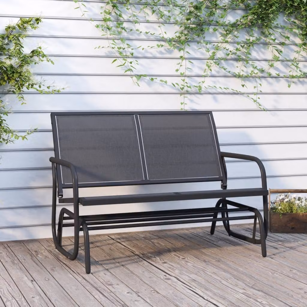 The Living Store Panca a dondolo da giardino nera 120,5x76x86,5 cm Tessile e acciaio