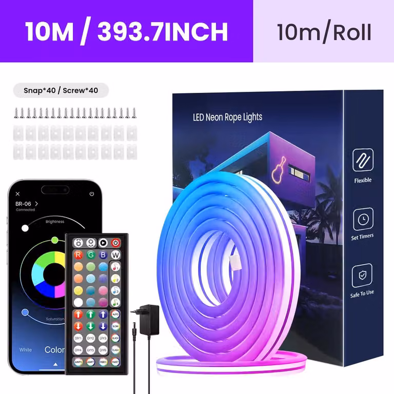 Striscia luminosa LED neon flessibile - Striscia LED RGB - Controllo tramite app e telecomando - Molteplici modalità di illuminazione - Grado di protezione IP65 - 24 V - 10 metri - Spina europea