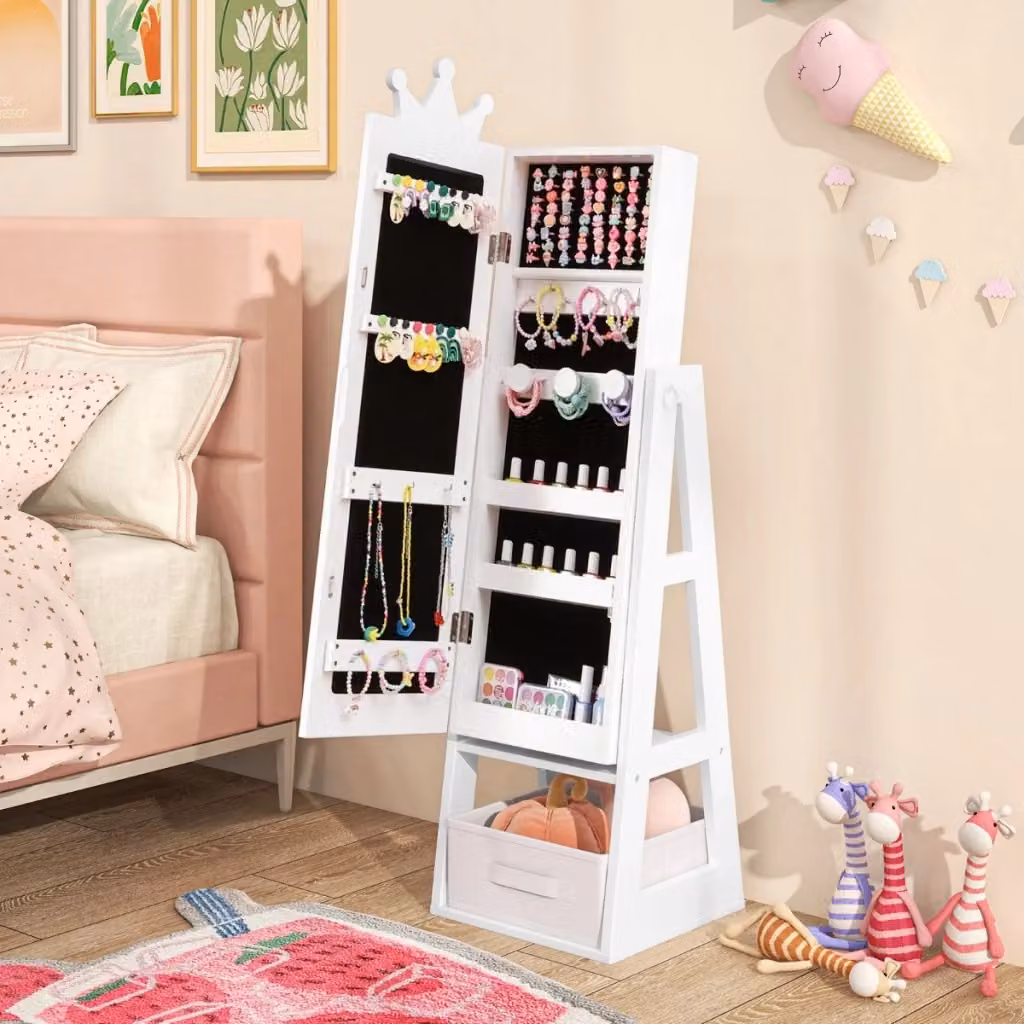 Armadio gioielli per bambini con specchio a figura intera e ripiani interni, design moderno in MDF laccato bianco – 2