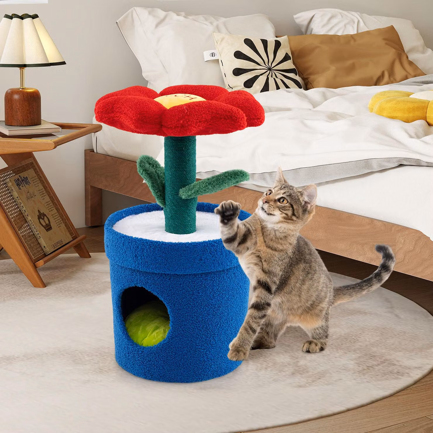 COSTWAY tiragraffi piccolo, alto 72 cm, albero per gatti con grotta per gatti, piattaforma floreale, tiragraffi e foglie, tiragraffi per gatti blu+rosso