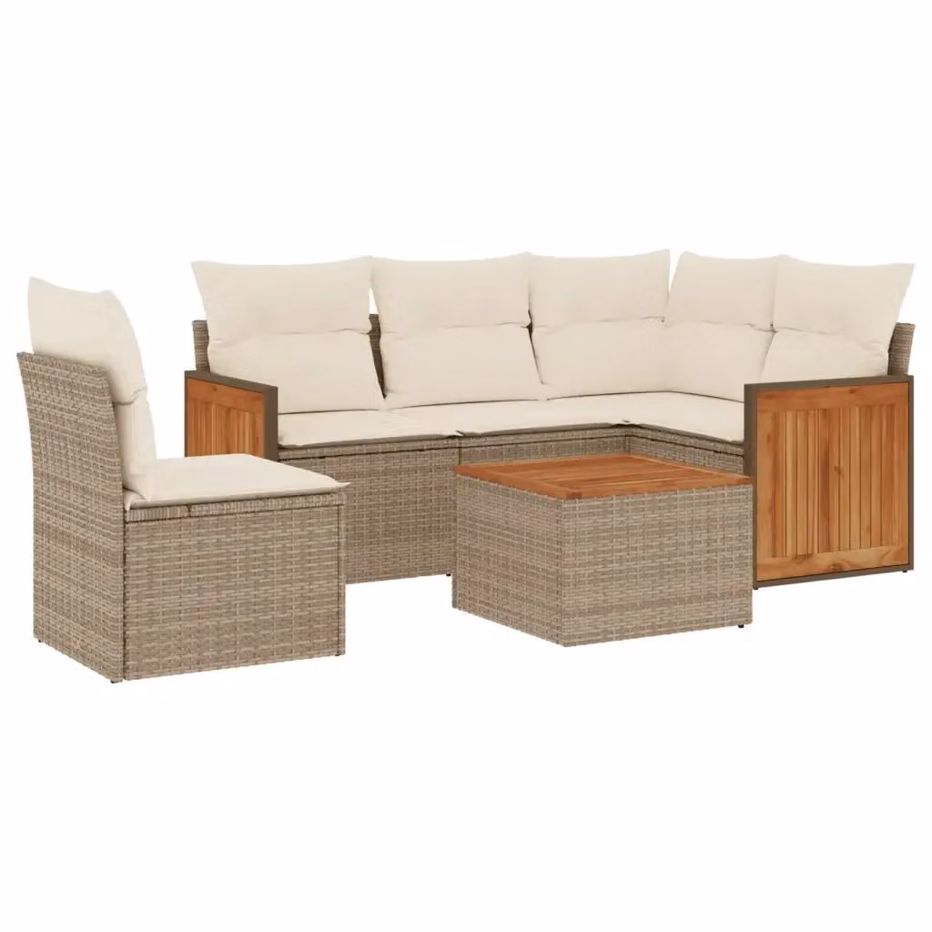 vidaXL Set Divano da Giardino a L 6 pz con Cuscini Beige e Tavolino, Design Moderno in Polyrattan e Legno di Acacia – 2
