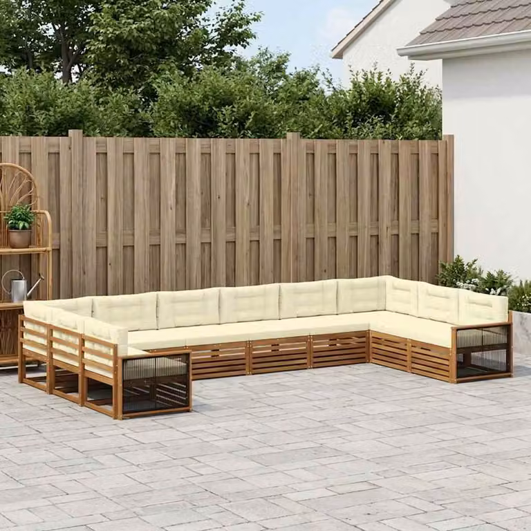 Set di divani da esterno vidaXL in legno di acacia massello con cuscini, marrone e beige, design moderno a L per giardino e terrazza