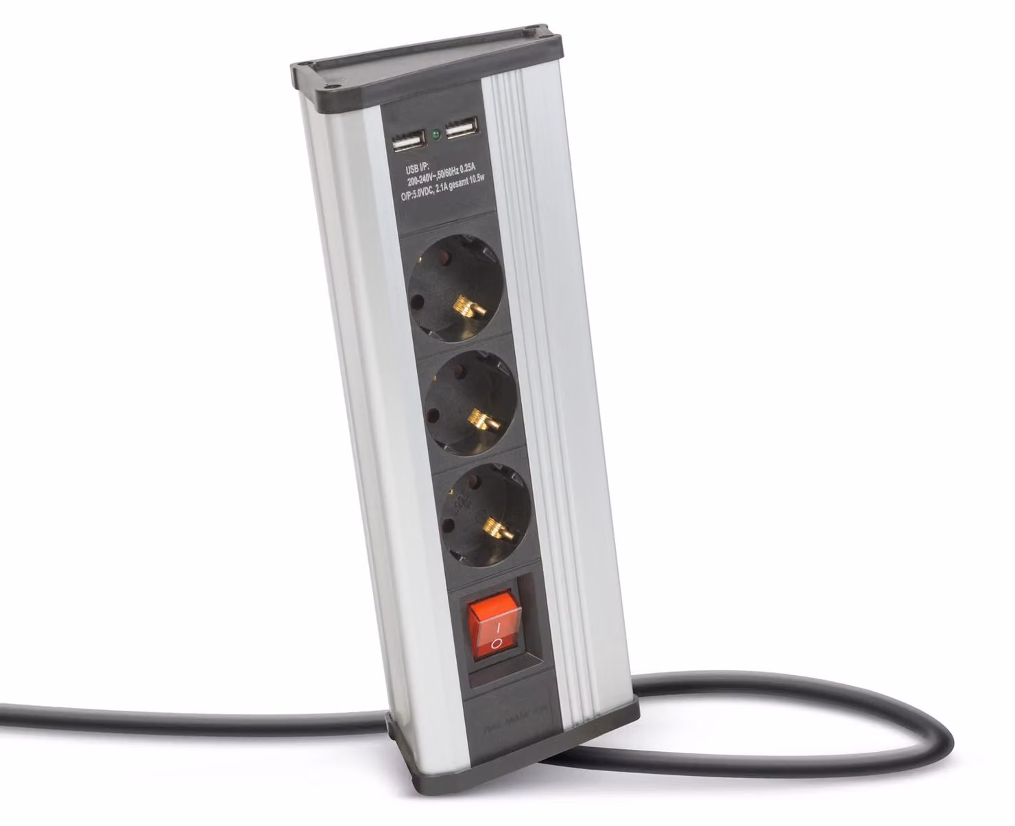 Presa angolare con interruttore, 3 prese 250 V/16 A + 2 USB 2,1 A, involucro in alluminio, a prova di bambino, cavo da 1,5 m [20483S]