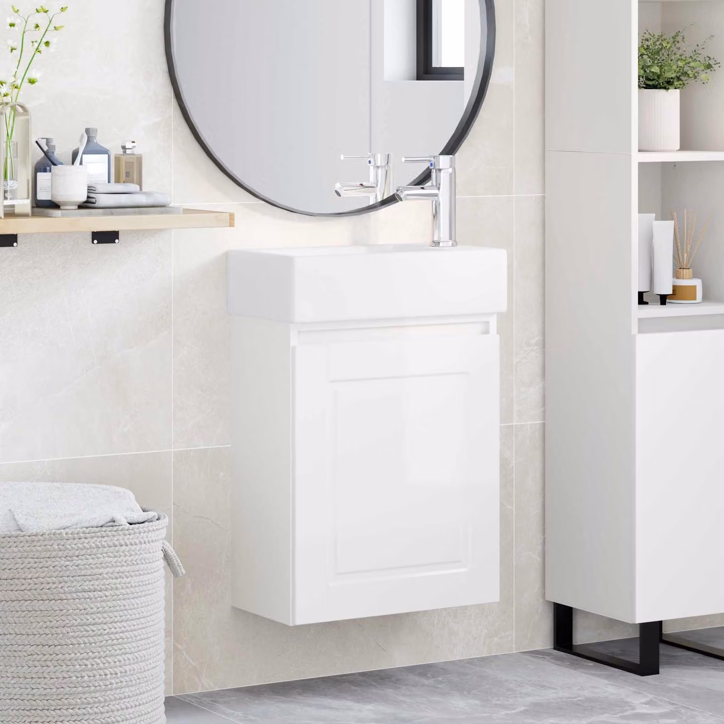 Mobile bagno vidaXL con rubinetto Bianco Lucido L: 45,5 cm, P: 22,5 cm, H: 84 cm