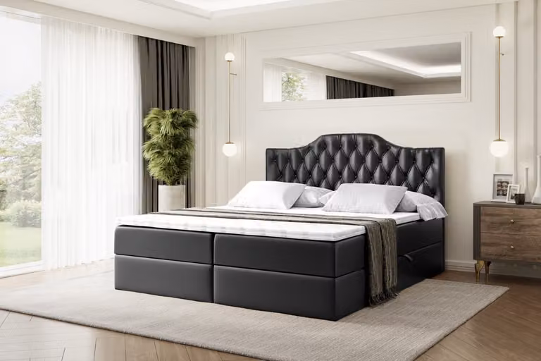 Letto boxspring ALTDECOR con materasso H3 e topper - 200 x 200 cm - VILA-1 - Pelle finta nera - Letto imbottito con contenitore e rete a doghe, letto con spazio contenitivo