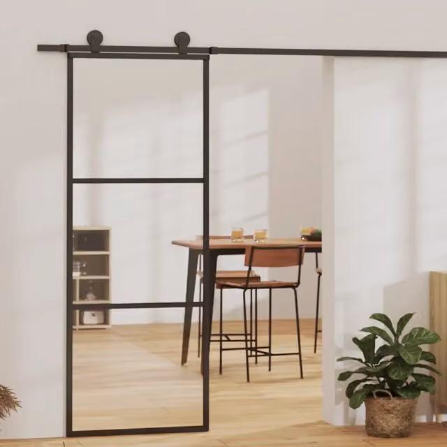 Porta Scorrevole a 3 Pannelli vidaXL in Vetro Trasparente e Alluminio Nero L: 76 cm, H: 205 cm